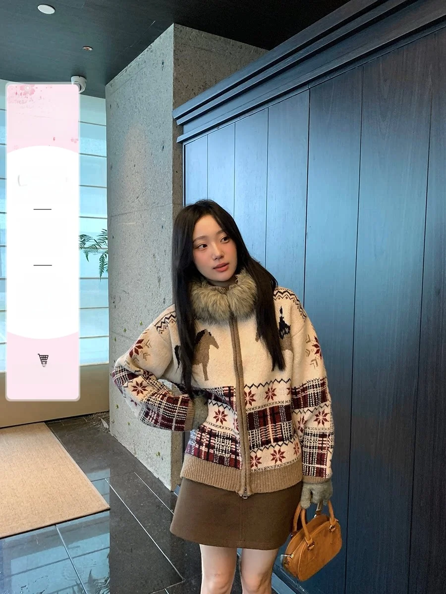 

Retro Sle Warm Knitted Hat Coat Women's Thiened Long Sve Sweater Outerwear with Fur Collar New Year Aosphere Top