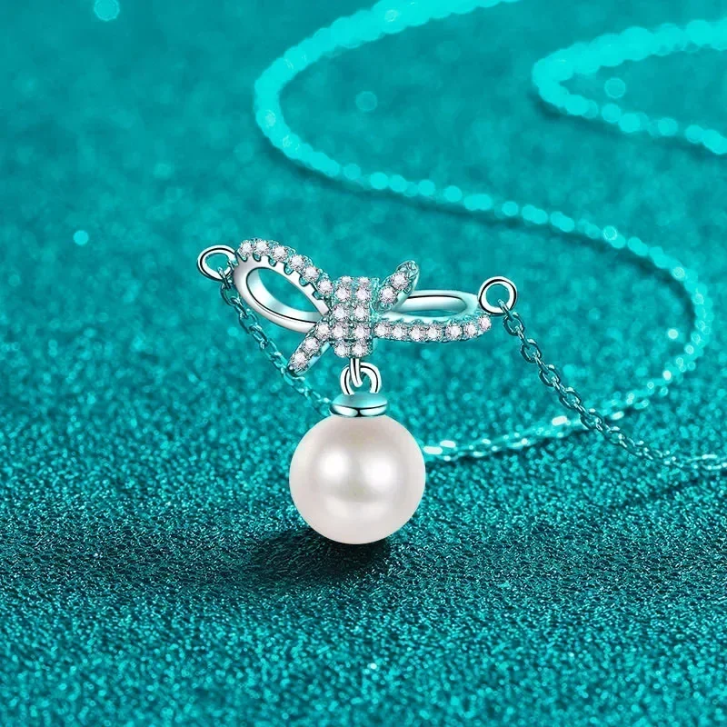 Women's Natural Pearl Pendant PT950 Platinum Necklace, Novel Bowknot Design Bridal Wedding Accessories Gift Hot Trendy Jewelry