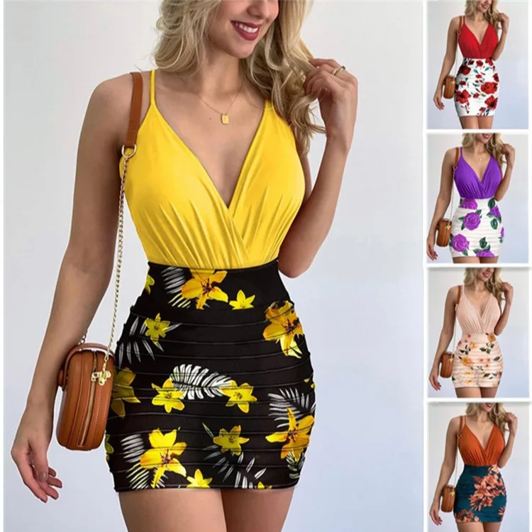 women's European American new women's tight fitting jumpsuit trendy floral printed skirt set short skirt set including skirt set