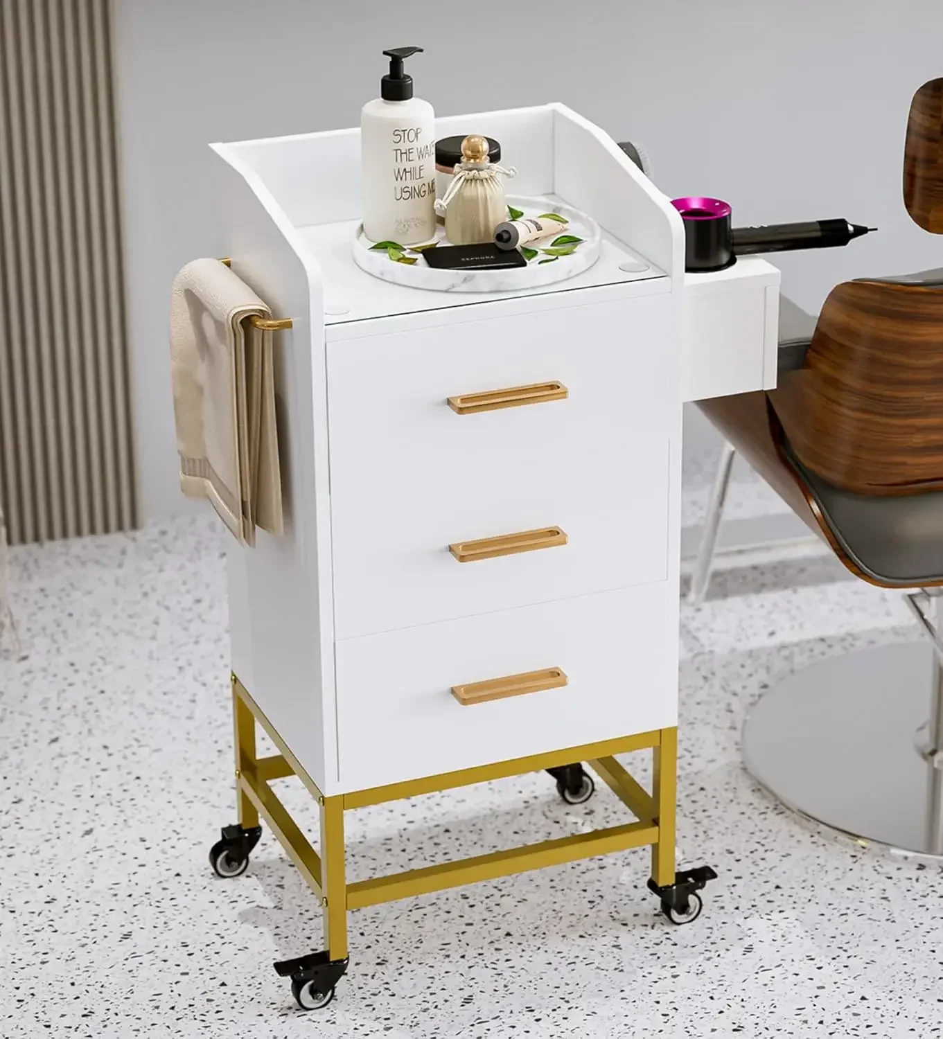 Storage Trolley Cart with with Lockable Wheels, Beauty Rolling Hair Cart with Drawers& Dryer Holder, Salon Stations Cabinet for