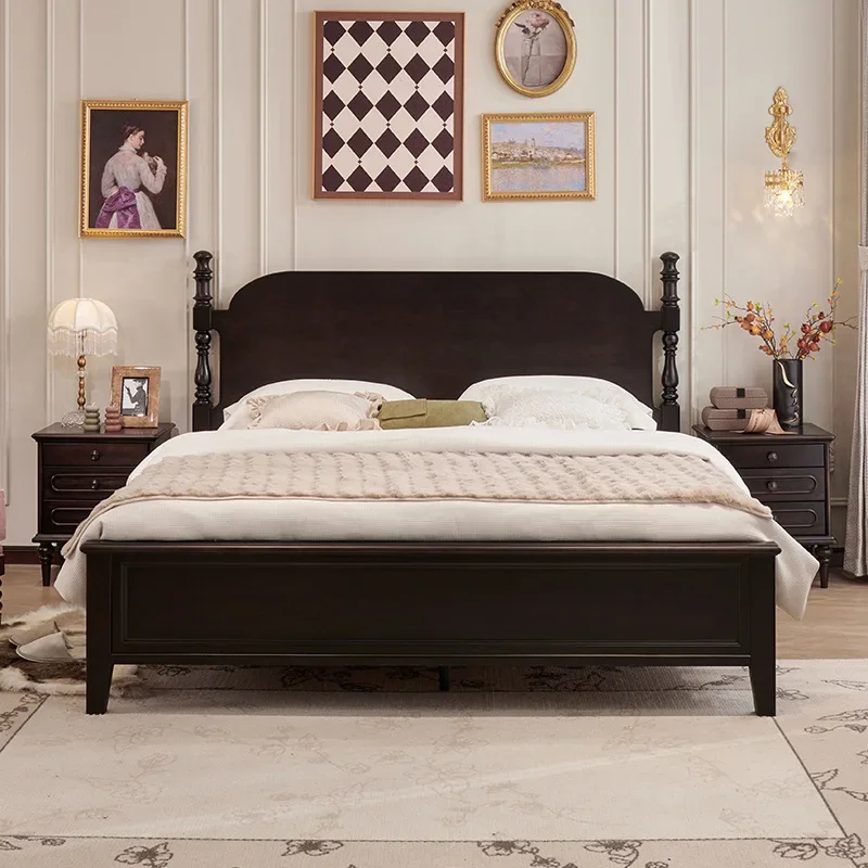 Medieval solid wood bed retro, master bedroom double bed, black peach blossom, American simple wedding bed