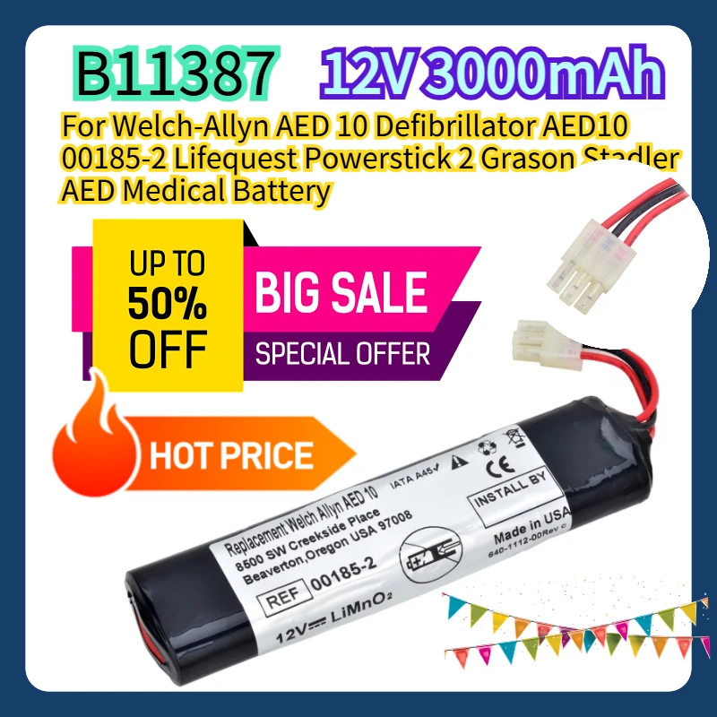 

For Welch-Allyn AED 10 Defibrillator AED10 00185-2 Lifequest Powerstick 2 Grason Stadler AED 12V 3000mAh Medical Battery B11387