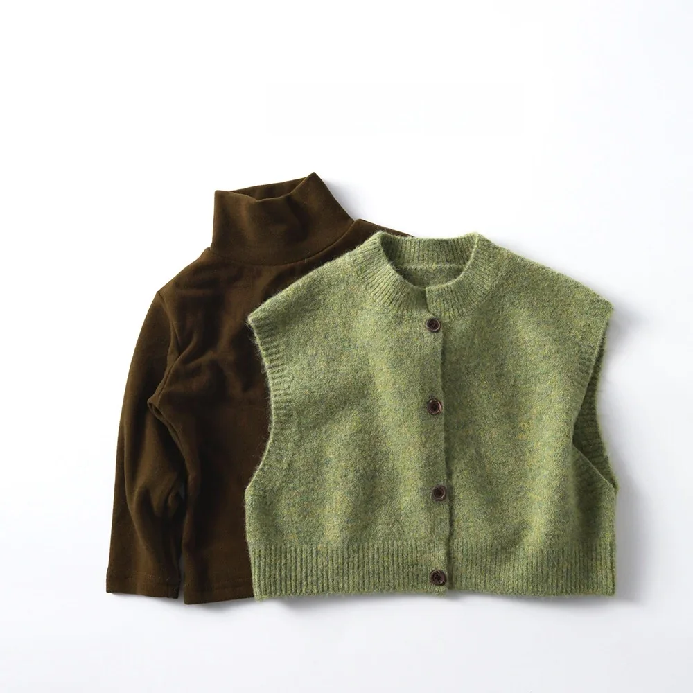 Autumn New Kids Knit Vest Solid Fruit Green Button Front Sleeveless Cardigan 1-7Y Children Layering Outerwear