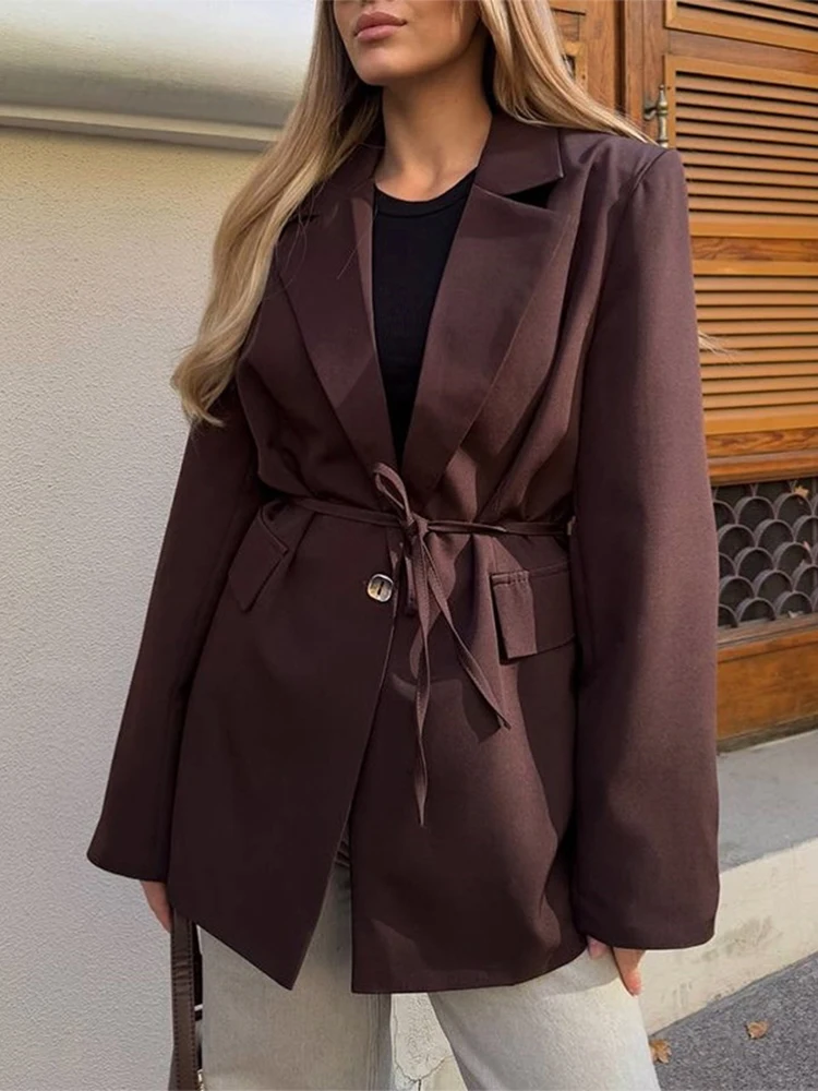 Trendix Autumn Lace Up Blazer Women 2025 Fall Fashion Solid Bandage Cardigan Jacket Street Casual Office Basic Commuter Blazers