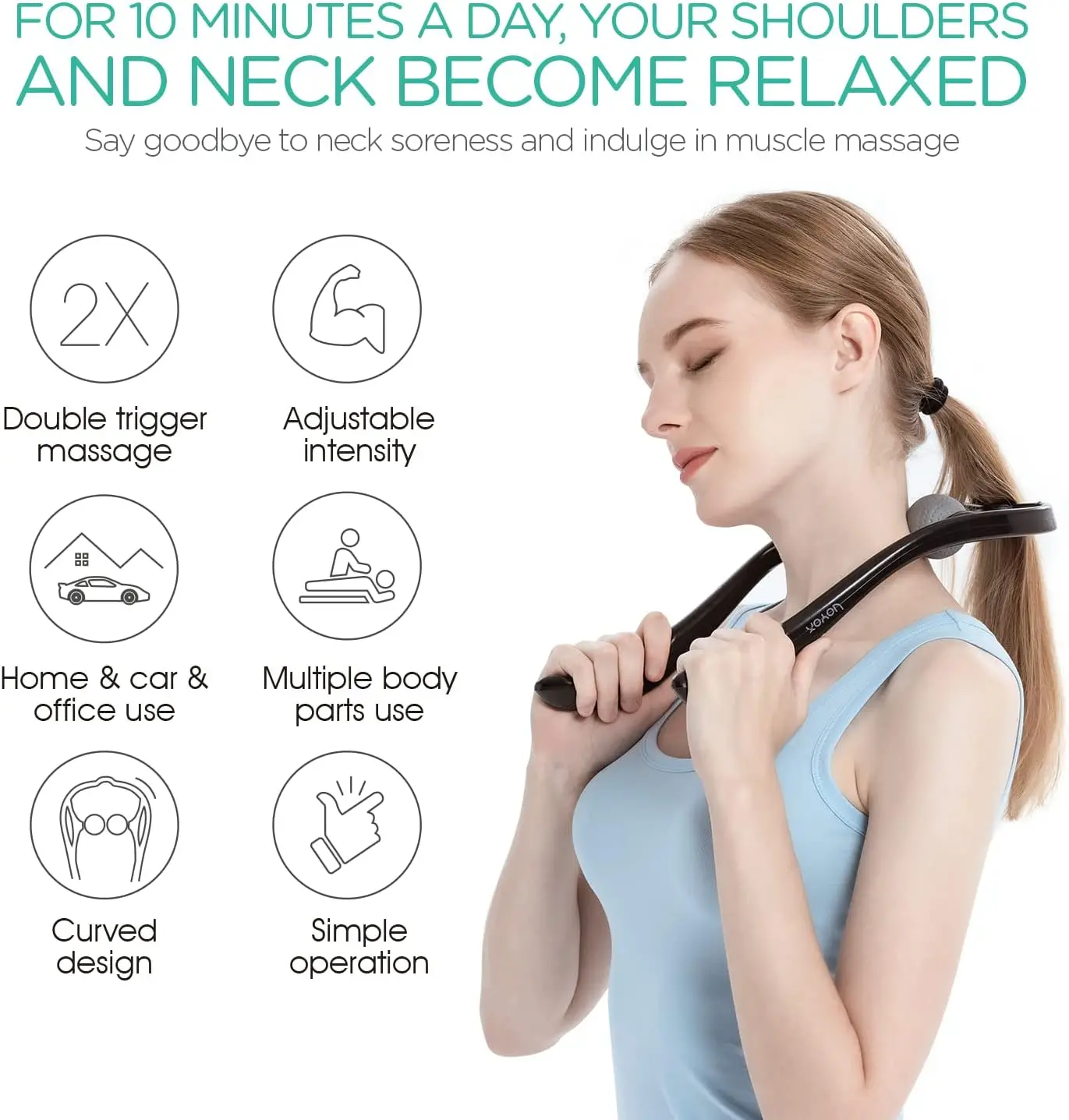 VOYOR Neck Massager Shiatsu Deep Tissue Dual Trigger Point Shoulder Massager for Pain Relief, Ergonomic Handle Design, Lightweig