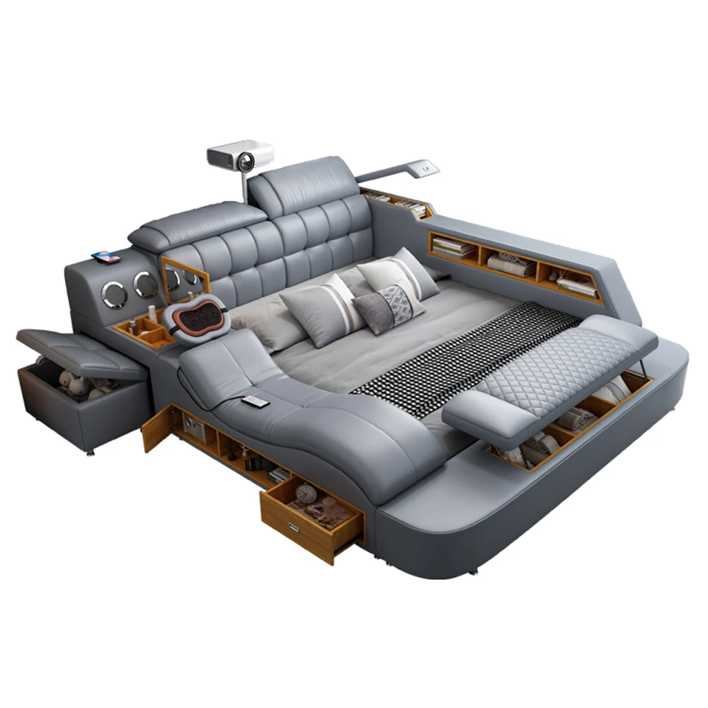 

MINGDIBAO All In One Bed / Luxury King Size Genuine Leather Bed / Tech Smart Bed / Multifunctional Ultimate Lit with Massage,USB