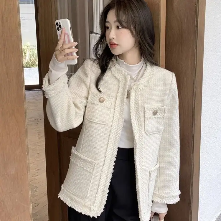 Jaqueta de Tweed Feminina Leve para Primavera, Estilo Coreano Popular para Estudantes Universitárias e Adolescentes, Estilo Preppy para o Dia a Dia e Escola