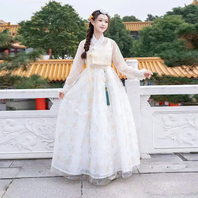 

Korean Lace Edge Hanbok Women's Traditional Court Dance Top Gauze Skirt Set Vintage Halloween Cosplay Suit Yanji Travel Outfits