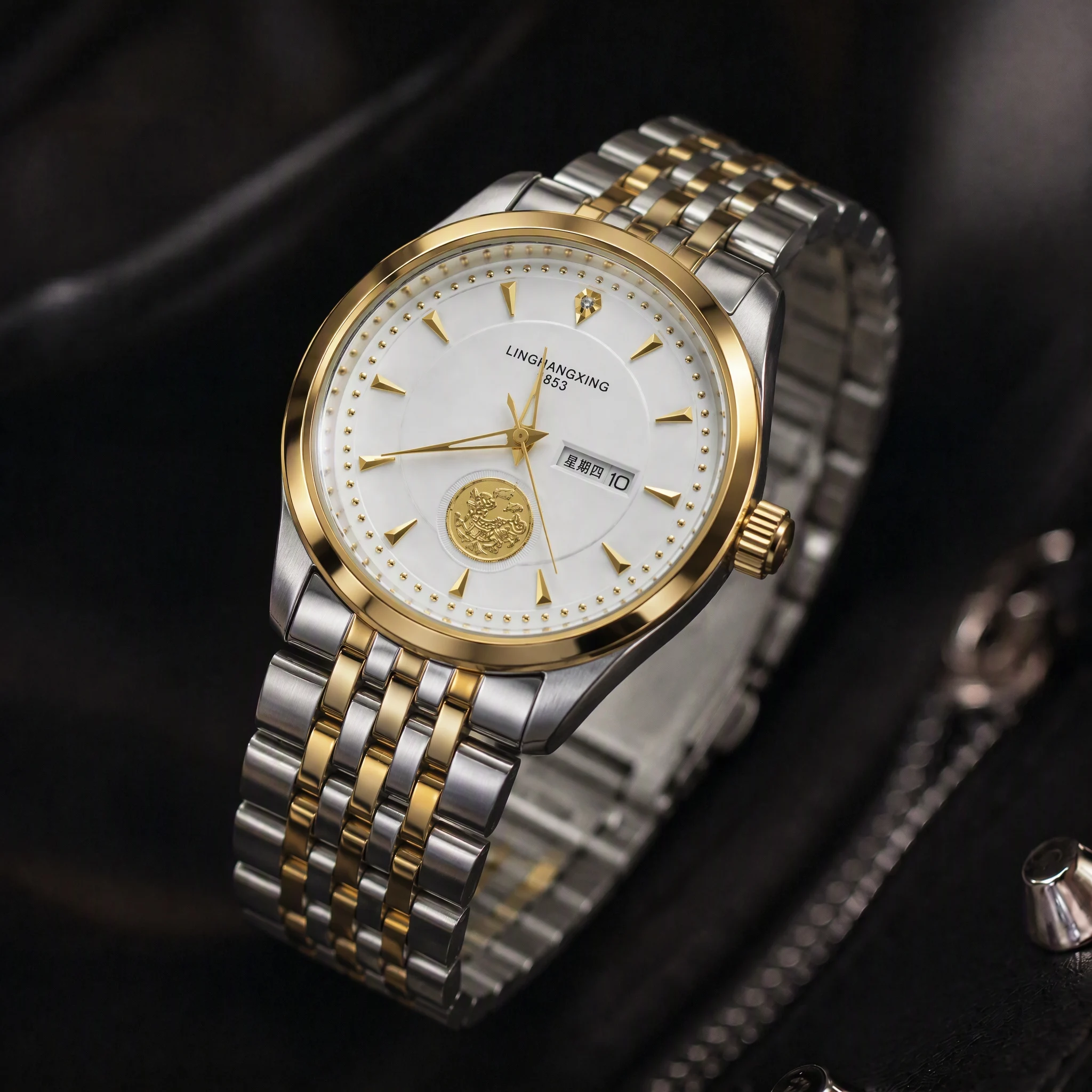 CILOA-Luxury Two Tone Stainless Steel Men Watch Gold Coin Dial Day Date Business Dress Wristwatch-M45