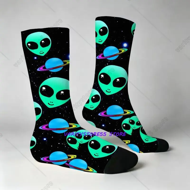Whimsical Space Alien Print Cute Cartoon Green Aliens and Blue Planet Rings Funny Outer Theme Casual Socks