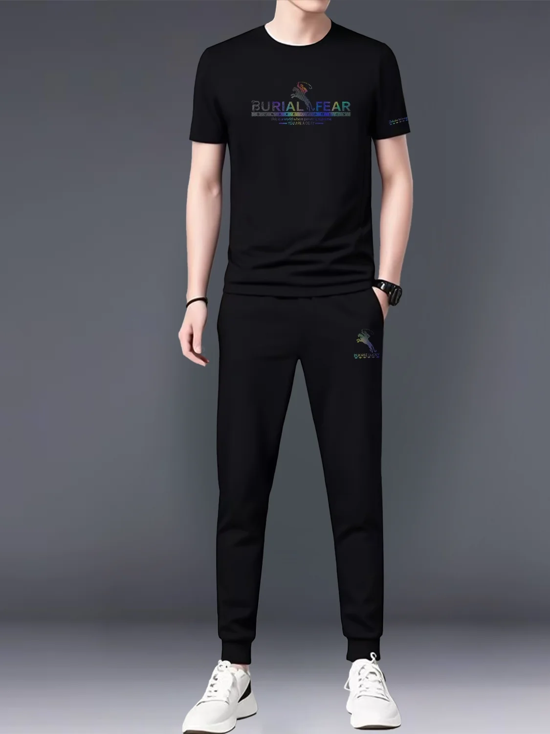 Conjunto Masculino de Verão 2026 em Seda Gelada: Camiseta Preta de Manga Curta e Calça Comprida, Caimento Solto Casual, Duas ...