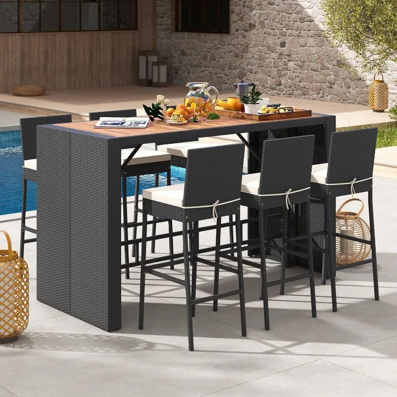 7-Piece Outdoor Wicker Bar Set, PE Rattan Bar Height Dining Set with Acacia Wood Tabletop & Removable Cushions