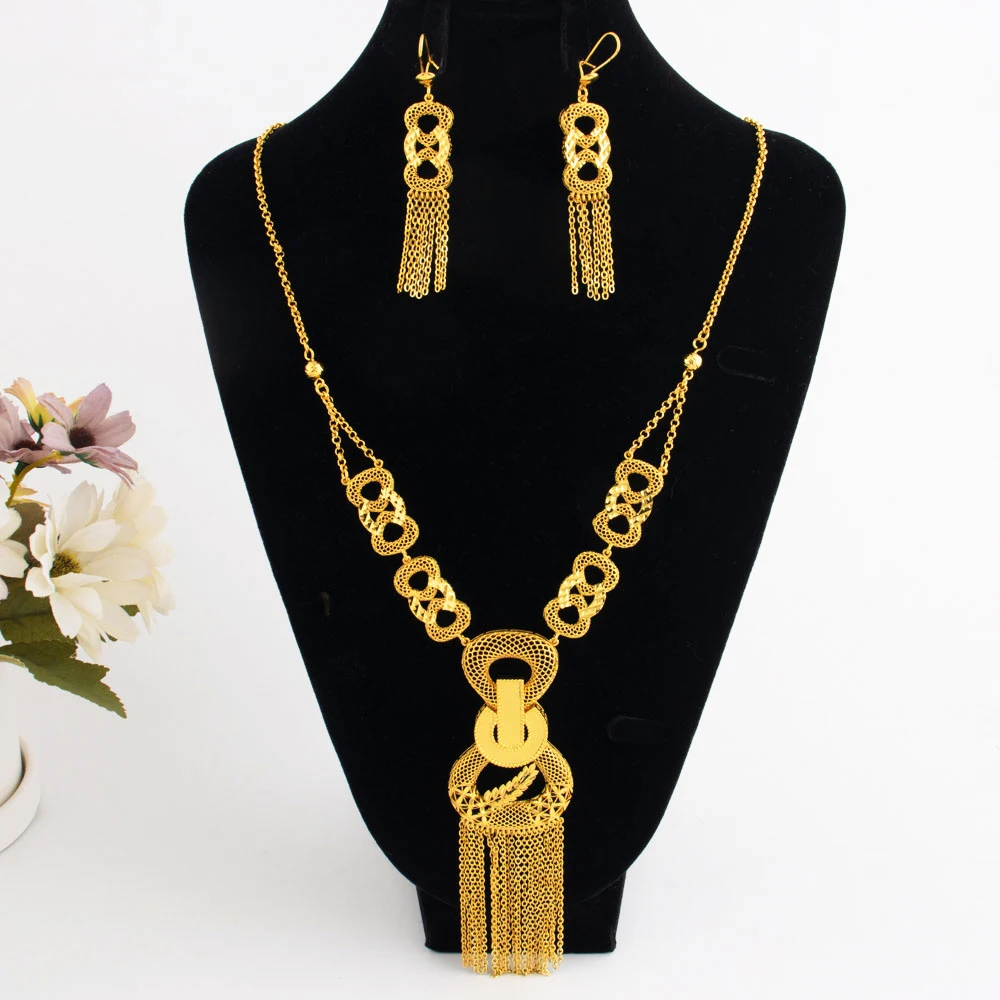 

Ethiopia Africa Luxury Gold Color Latest Jewelry Set Indian Dubai 24K Gold Color Long Jewelry Sets Wedding Party Jewelry