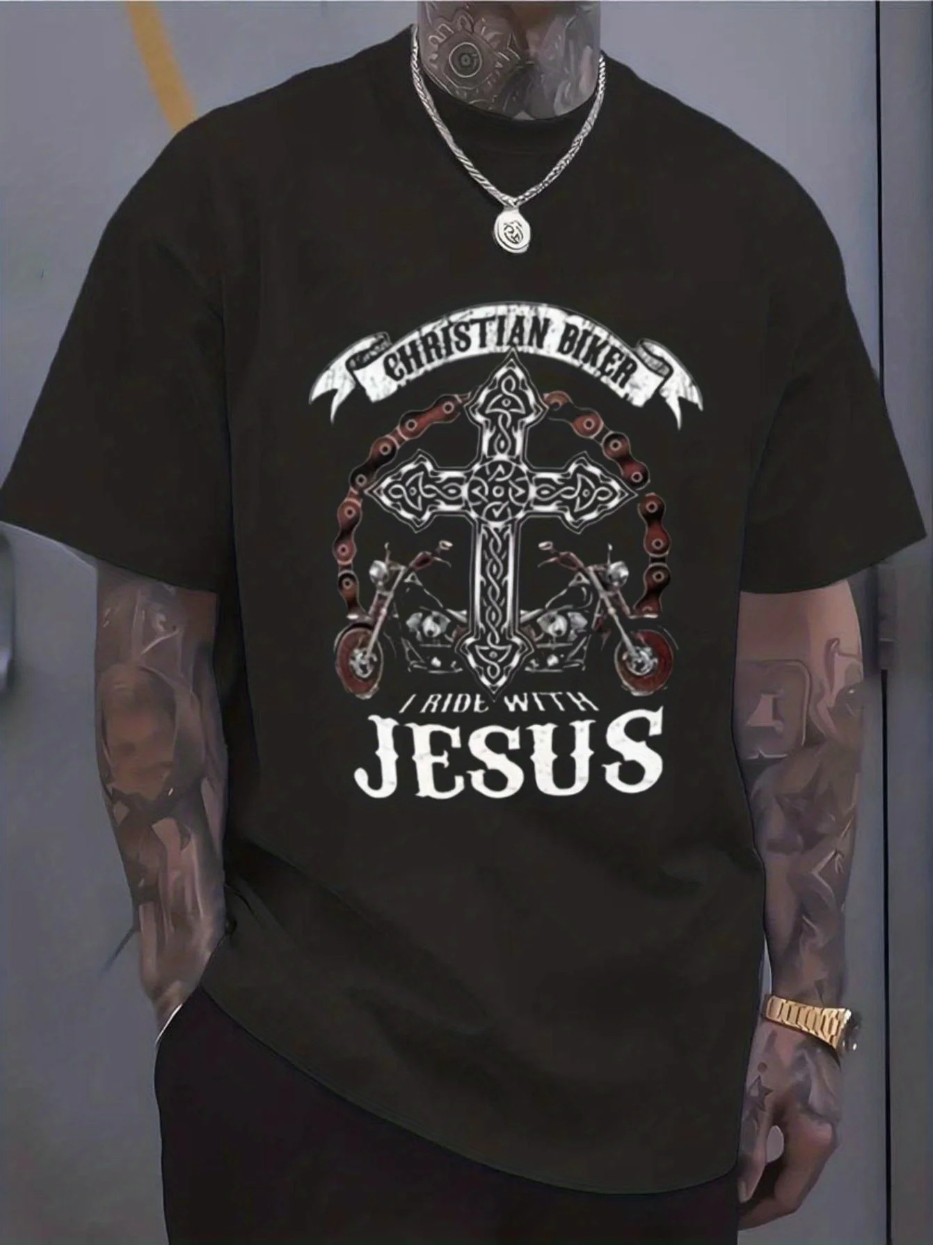 

Men's Christian Motorcycle Pattern Cotton T-Shirt - Designed by a Faithful Christian Knight