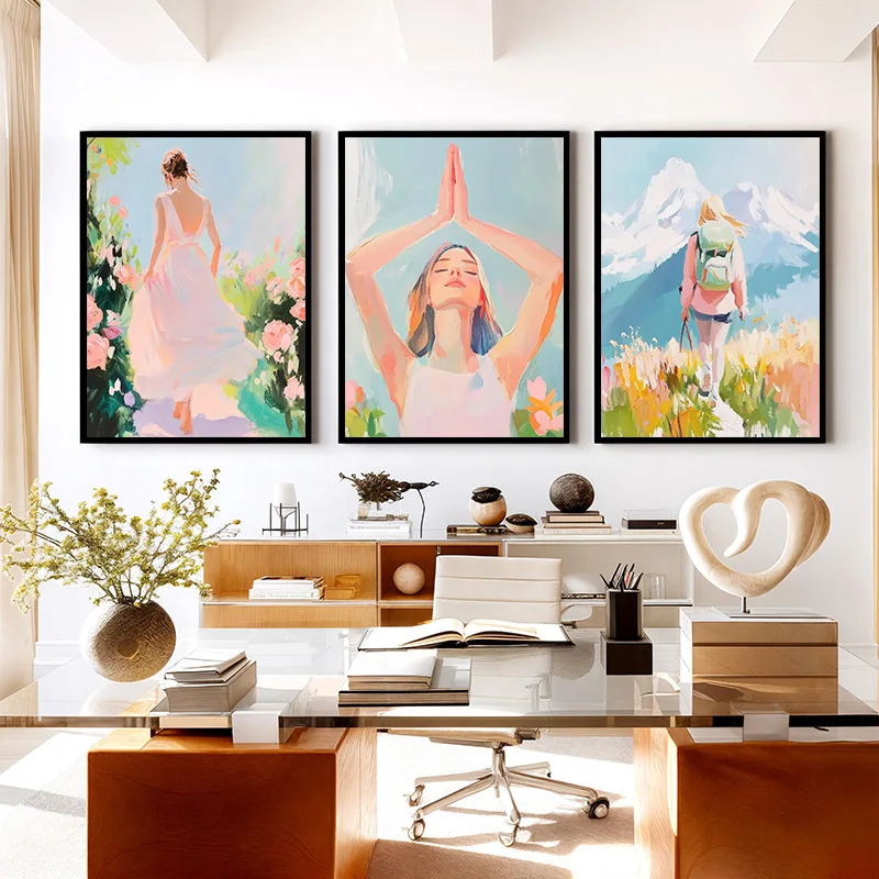 Leisure Soft And Lazy Pink Women With Natural Plant Landscape Art Posters Canvas Printing Home Living Room Wall Decor Painting