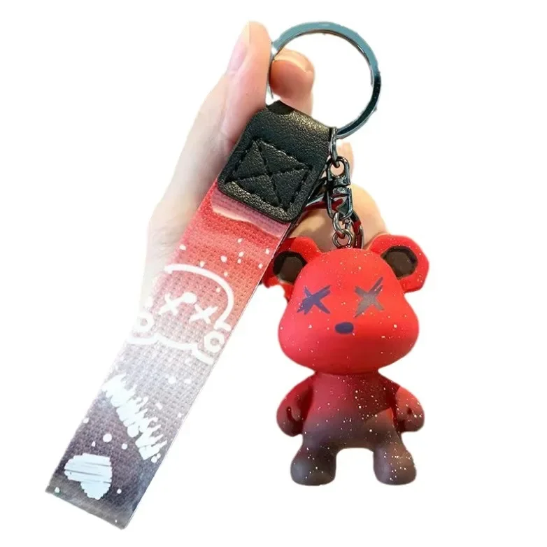 Porte-clés ours de dessin animé caméléon en résine, ruban en sangle, pendentif de sac de poupée à la mode, porte-clés de voiture de vacances pour fille, bijoux cadeau