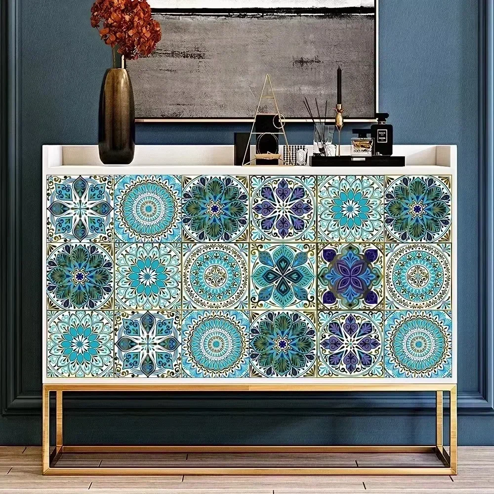 10pcs Mandala Style Crystal Hard Tiles Ceramics Wall Sticker Kitchen Wardrobe Home Decor Art Mural Peel & Stick Wall Decals