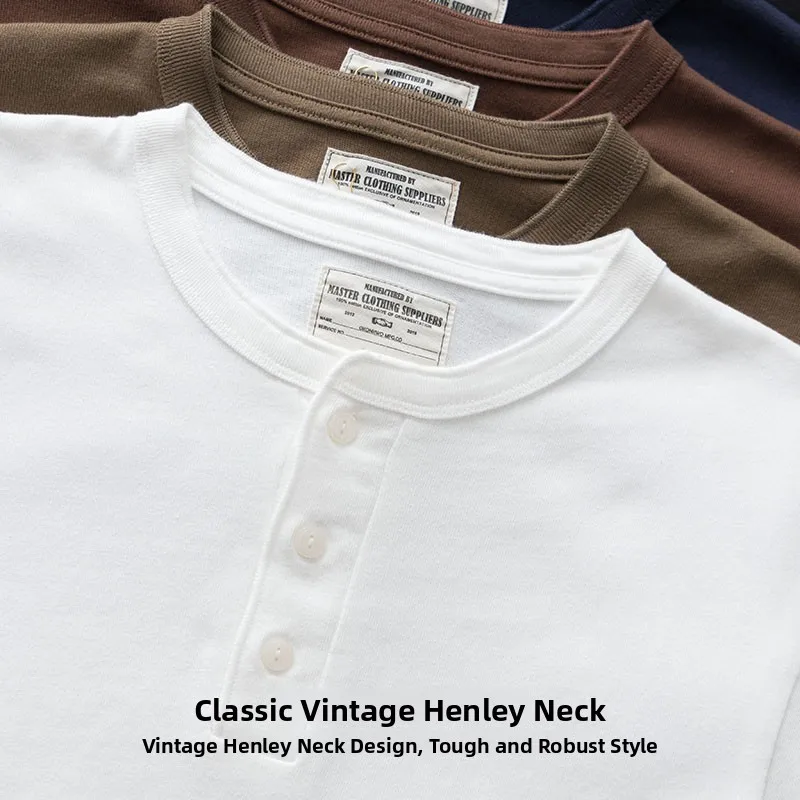 Heavyweight Cotton Long Sleeve T-Shirt Men's Henry Collar American Retro White Base Shirt Youth  Standard Fit Breathable S...