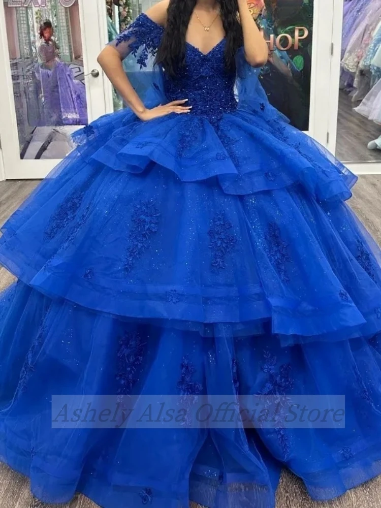 Vestidos De quinceañera azul Real, Vestido De fiesta De cumpleaños De graduación, manga casquillo, Apliques De encaje, dulce 16, vx 15 años