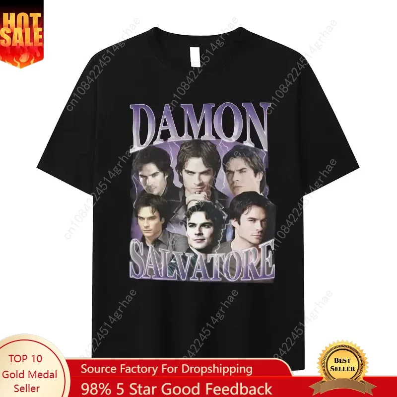 

Damon Salvatore IanSomerhalder TV Drama Pattern Tshirt for Women Retro Gothic Fashion Oversized T-shirt for Women's Street Wear
