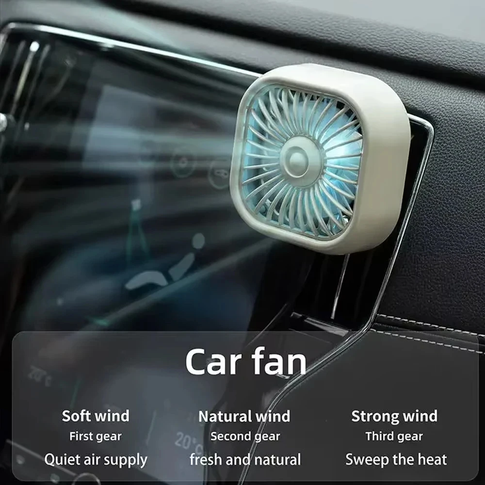 Ventilador de Carro Mini USB Novo para o Verão, 3 Velocidades Ajustáveis, Montagem na Saída de Ar com Luz Colorida, Acessórios para Carro