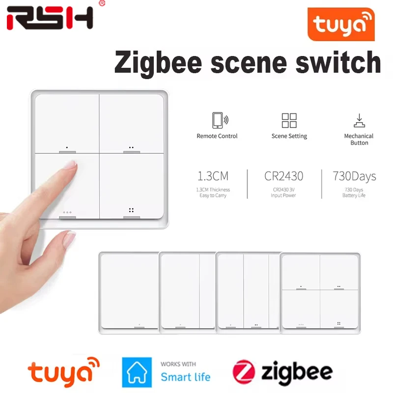 RSH Tuya zigbee button Smart Scene Switch 1/2/3/4 Gang Switch Push Button Controller Works With Smart Life App ZigBee Gateway