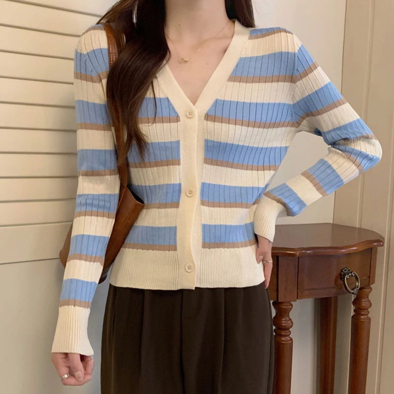 Women Cardigan Vintage V-neck Color-blocked Stripes Casual and Versatile Knitted Spring Autumn Lazy Sweater