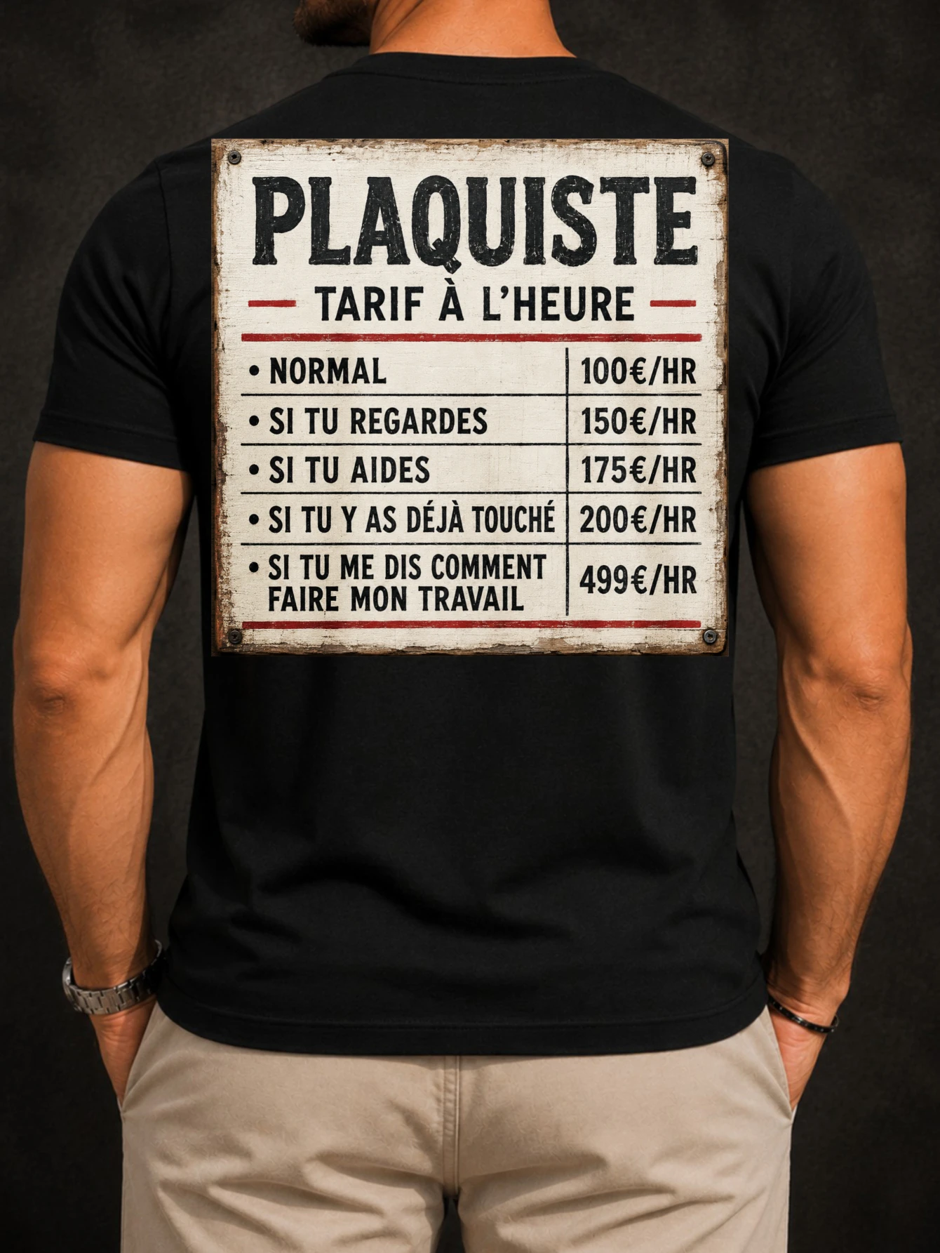 Plaquiste tarif a lheure metal warning rate sign French drywaller humor bold graphic mes  Unisex  Unisex All T-Shirt