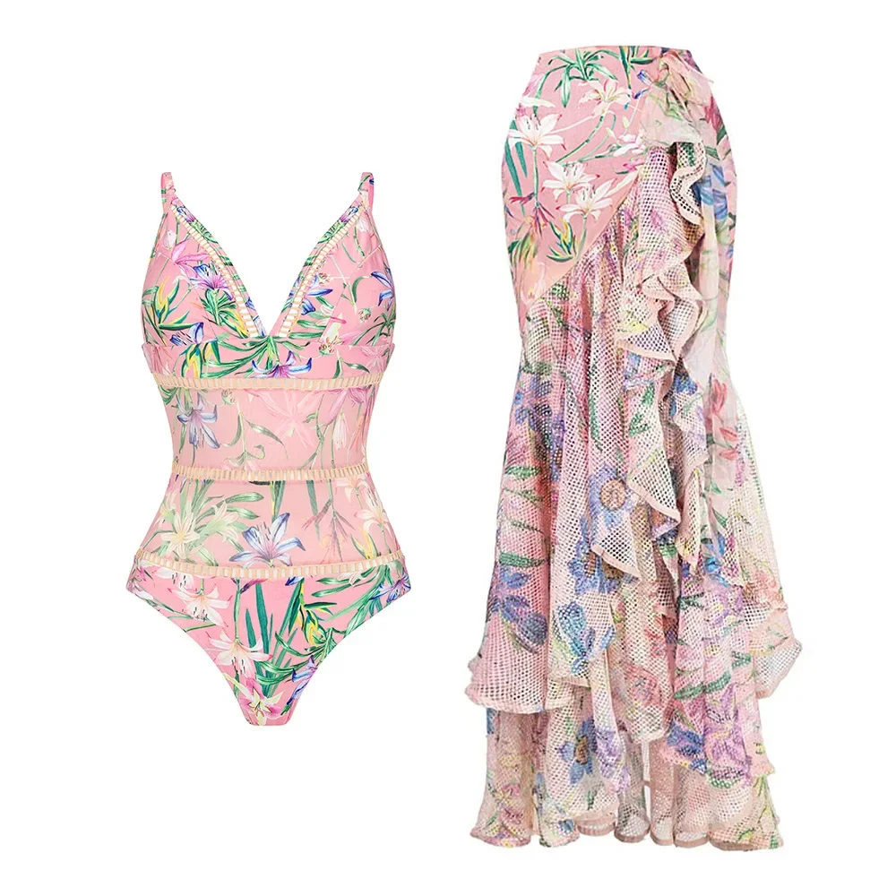 2026 High Quality One Piece Swimsuit Floral Ruffle Printed Push Up Women Bikini Set Swimwear Slimming Bathing Suit Beach Wear