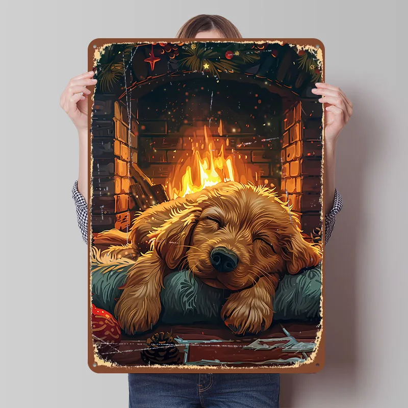Dog Sleeping By Fireplace Tin Plaque Poster Customized Wall Art Retro Vintage Metal Signs for Room Home Decor Wand Deko House