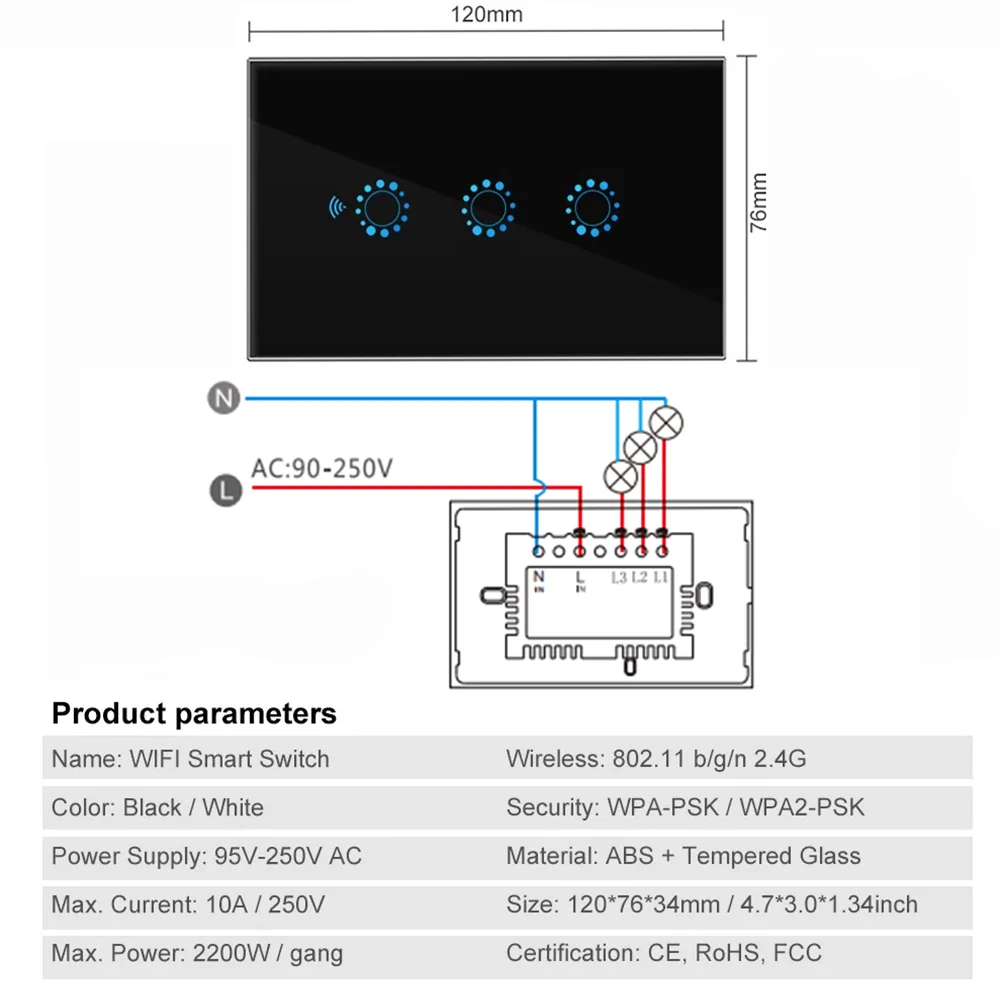 Shawader Wifi Smart Light Wall Switch Tuya/Ewelink Interruptor Rectangle Touch Glass Panel Remote Control by Alexa Google Home