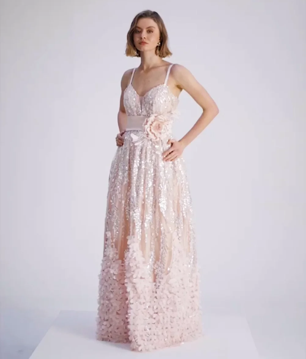 

Customized Sequined Applique Spaghetti Strap A-line Long Dresses Bespoke Occasion Women Luxury Evening Sparkle Party Gown Sexy