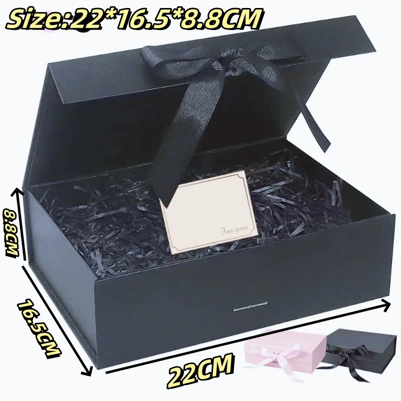 Luxury Magnetic Gift Box Folding Gift Box Black Flip Cover Ribbon Lafite Grass Greeting Card Valentine's Day Gift Packaging Box