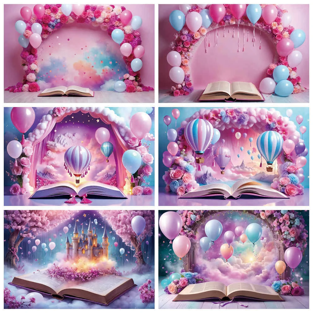 

MOON.QG Fairy Hot Air Balloon Birthday Backdrops Flower Books Princess Castle Background Sign Party Decoration Photocall Props