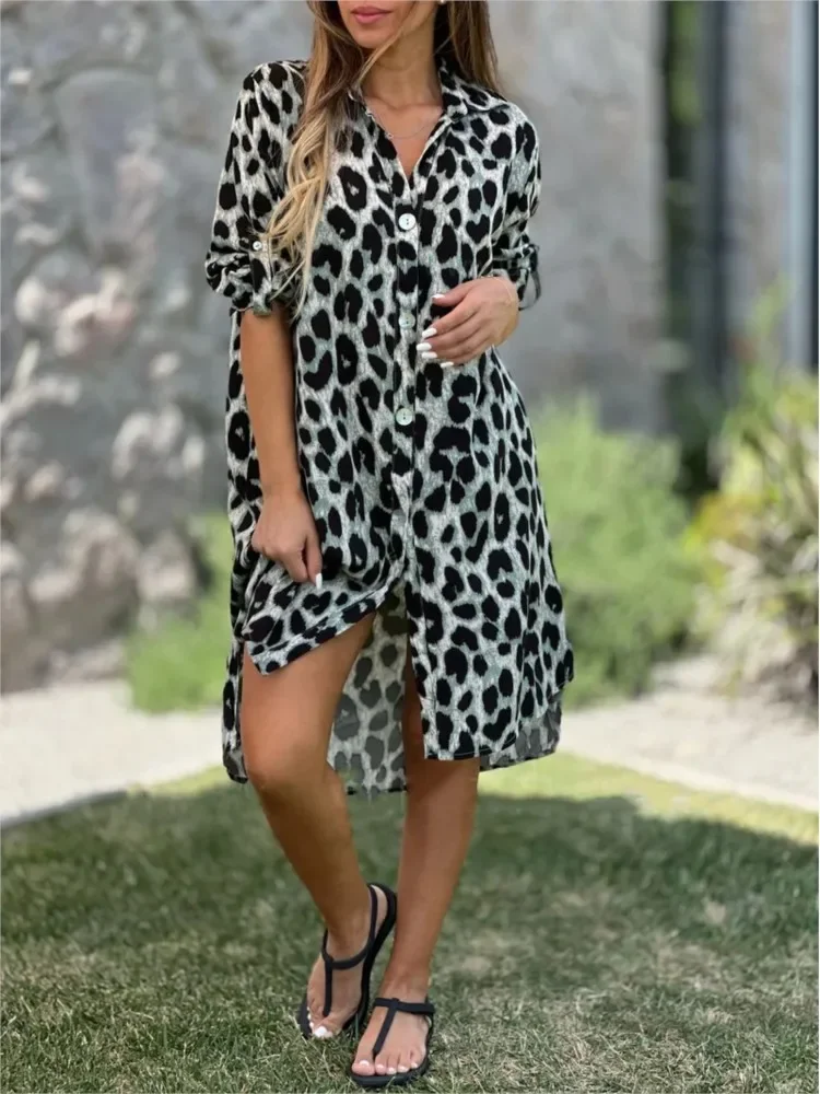 

Красивое элегантное женское летнее платье-рубашка с леопардовым принтом, весеннее повседневное свободное платье с отложным воротником до середины икры, прямые длинные платья