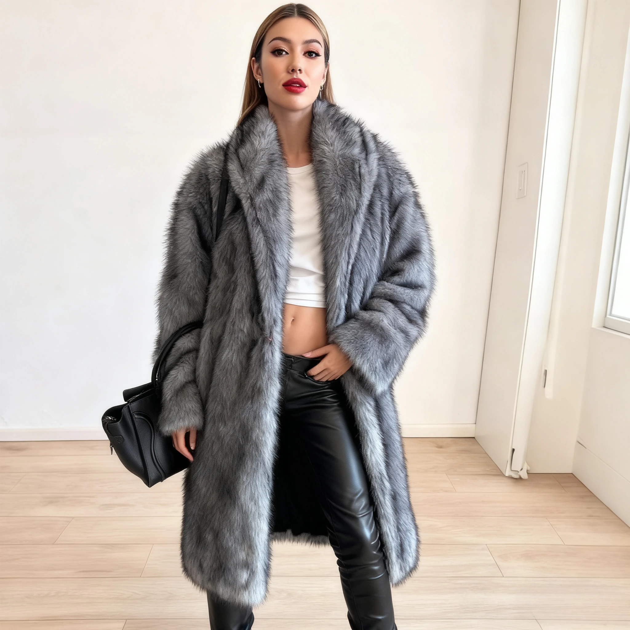 

Рабочие пальто из искусственного меха Y2k Длинные куртки для женщин до середины икры Lenth с длинными рукавами и воротником-стойкой Свободные повседневные осень-зима 2025