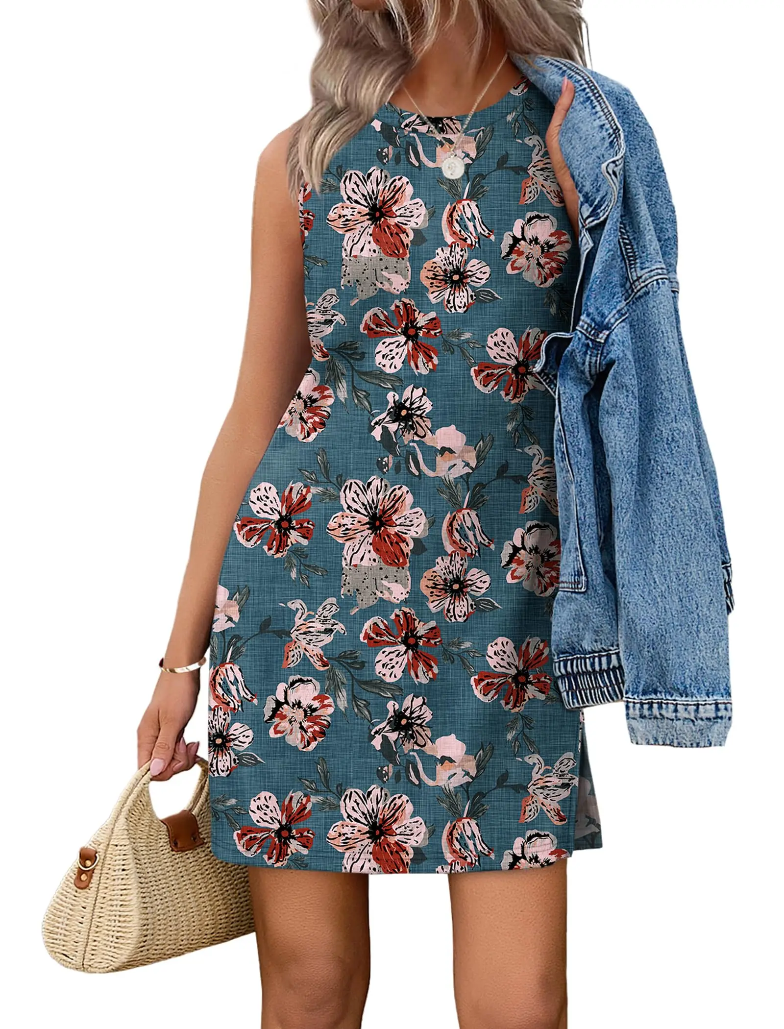 

Teal Floral Sleeveless Round Neck Mini Dress For Women Spring Summer Boho Casual Vacation Outfit
