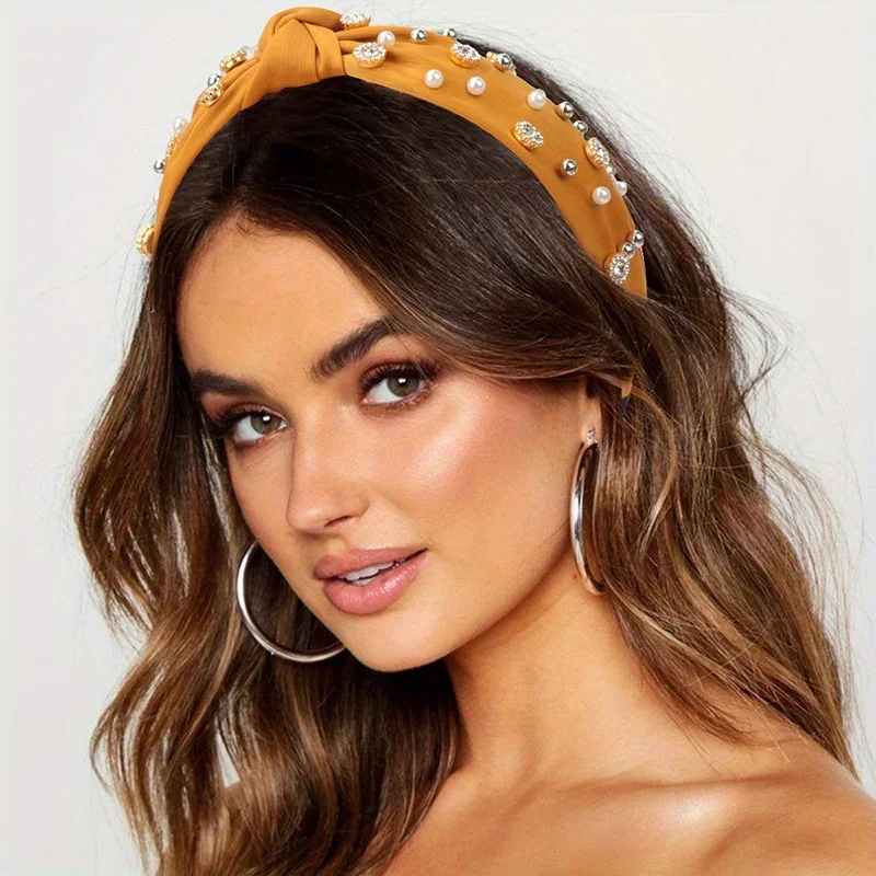 Headband de strass pérola para mulheres, faixa larga de nó cruzado, aro de cabelo vintage, maquiagem facial, acessórios para cabelo, moda meninas