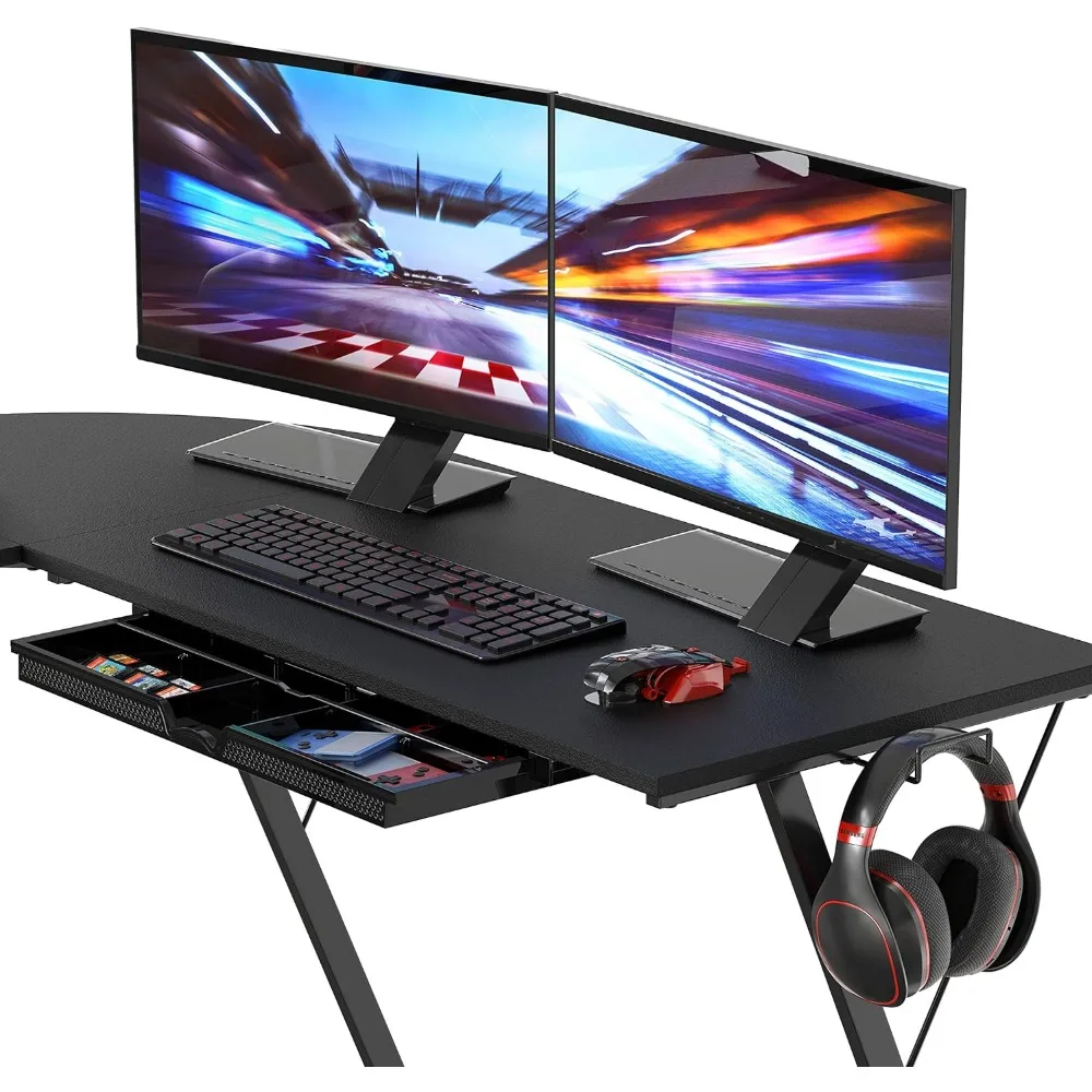 Mesa em forma de L com suporte do monitor, preto, mesa