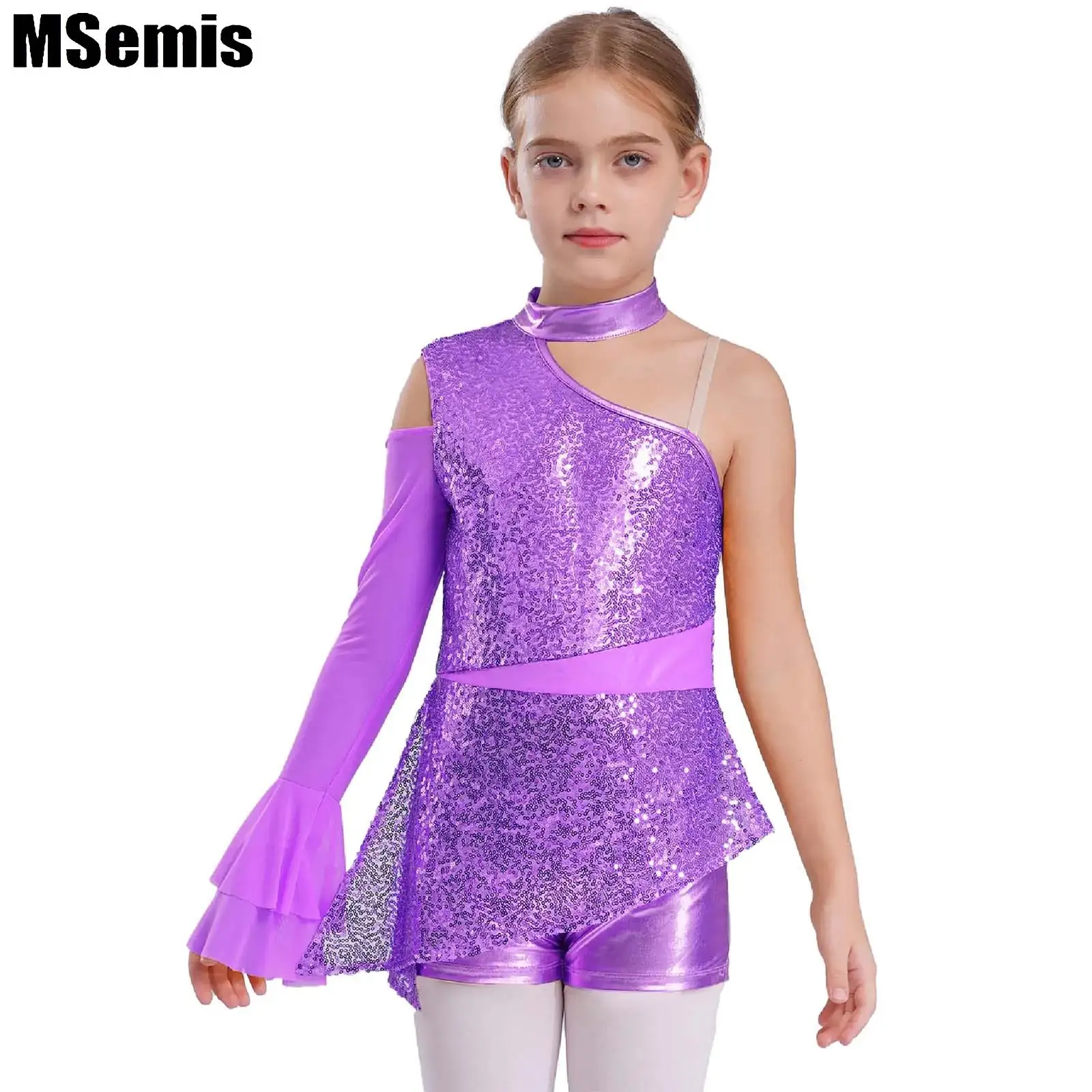 

Kids Girls Sequins Dance Leotard Sparkly Performance Costume Asymmetric Cold Shoulder Sheer Mesh Ruffled Sleeves Bodysuit