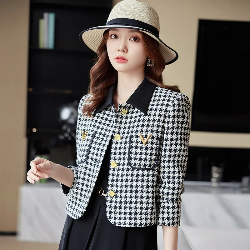 High quality wool blend blazer for women short plaid jacket single breasted spring 2024 elegant fashion clothes - white purple