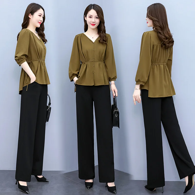 

2023 Spring Clothes New Temperament Casual Foreign Style Waist Closed Professional Shirt Two-piece Women's Wide Leg Pants Suit X