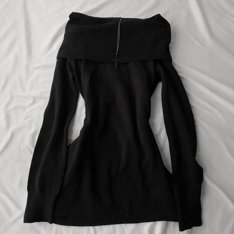 Y2K high Street black Rock Goth Braces new one-shoulder long-sleeved knitted pleated hip-hugging slimming leg-showing long dress
