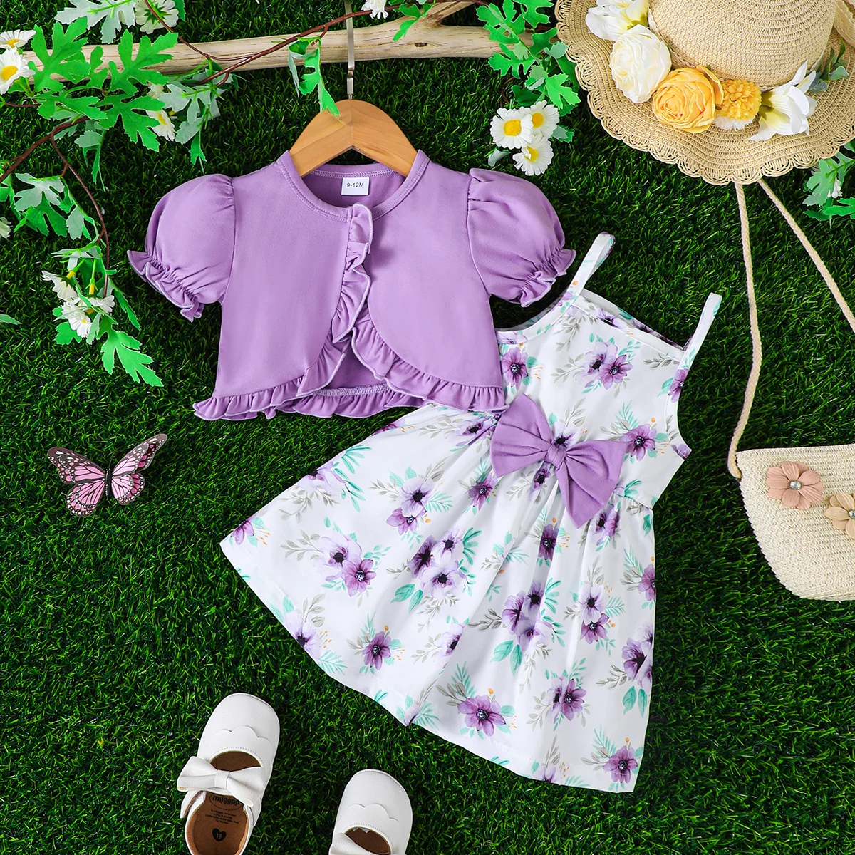 Conjunto de vestido de verano para niña, hermoso vestido con tirantes estampado morado + chal con volantes, 2 unidades/juego, adecuado para niñas lindas de 0 a 3 años
