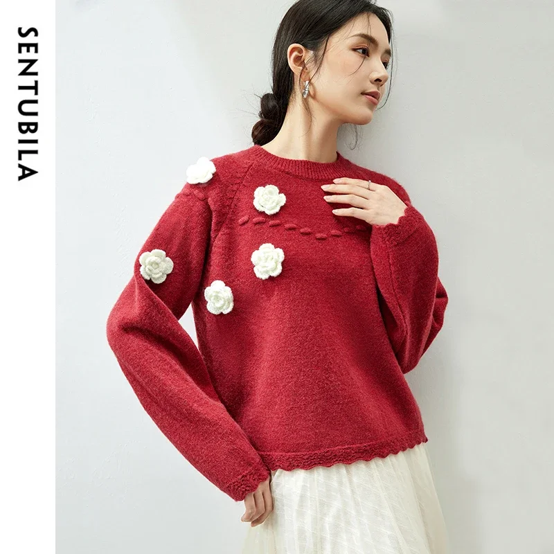 

SENTUBILA Spliced Knit Pullover Women Three Dimensional Flowers O Neck Cropped Sweater 2024 Winter Female Tops W34E52446