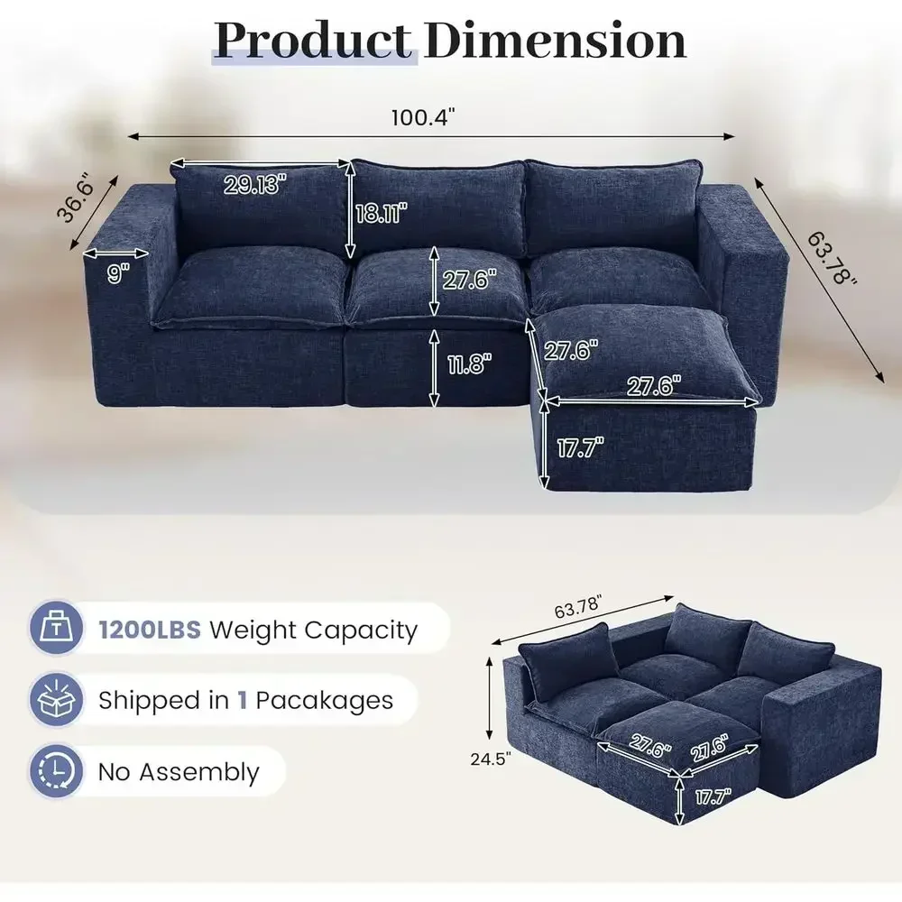 Navy Blue L-Shaped Sectional Sofa with Ottoman, Sleeper Option, Ready to Use