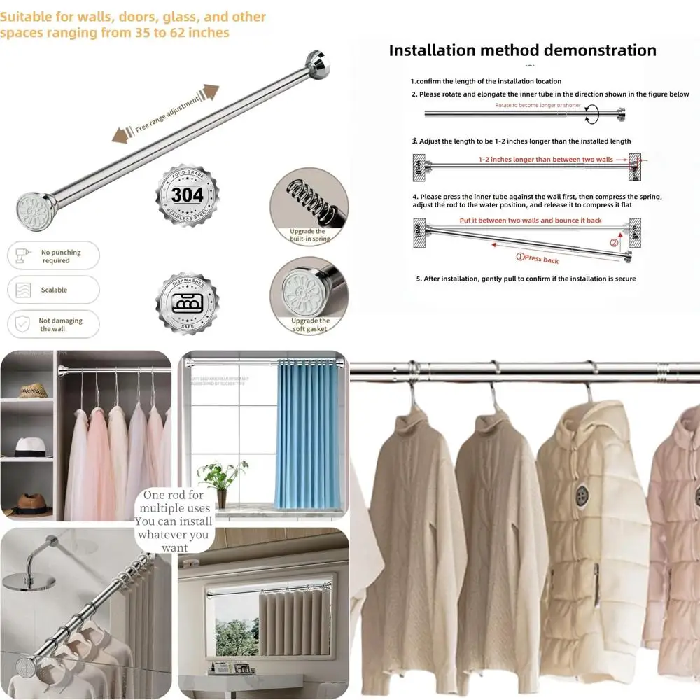 

Расширяемая штанга для одежды, универсальная подвесная штанга для дома, идеально подходит для ванной комнаты, кухни, стирки и балкона.
