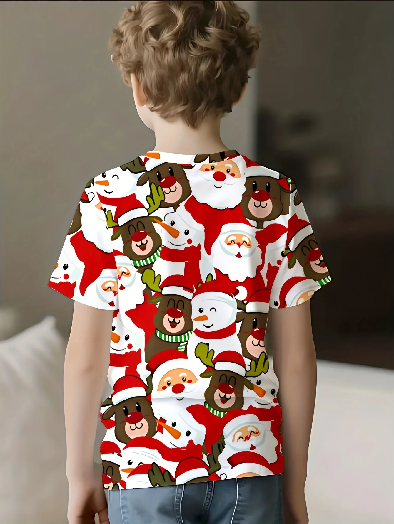 Boys Christmas Graphic T Shirt, Cute Santa Claus Reindeer Snowman All Over Print, Short Sleeve Crew Neck Holiday Casual Tee