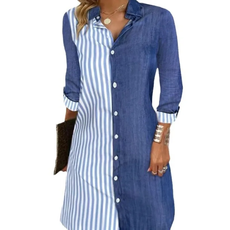 Sense Of Design Arrivals Spring Women Clothing Striped Color Matching Long Sleeve Comfort Casual Buckle Mid-Length Shirt Dress