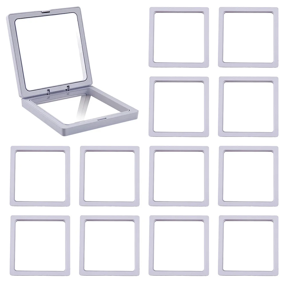10Pcs 2.7 x 2.7 x 0.8 Inch White Floating Frame Display 3D Floating Frame Case Holder Stands Transparent PE Membranes Jewelry